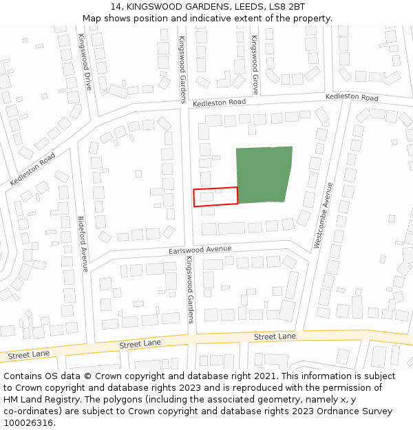 14, KINGSWOOD GARDENS, LEEDS, LS8 2BT: Location map and indicative extent of plot