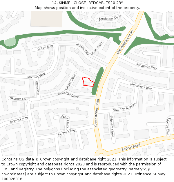 14, KINMEL CLOSE, REDCAR, TS10 2RY: Location map and indicative extent of plot