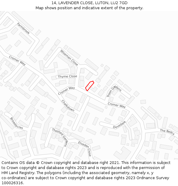 14, LAVENDER CLOSE, LUTON, LU2 7GD: Location map and indicative extent of plot