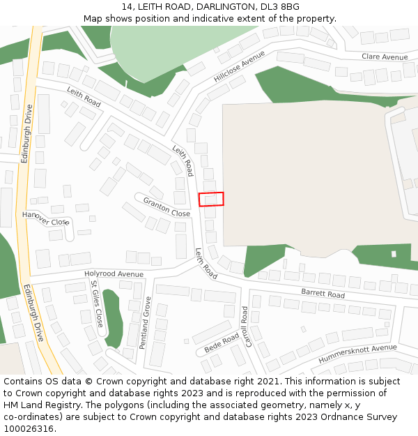 14, LEITH ROAD, DARLINGTON, DL3 8BG: Location map and indicative extent of plot