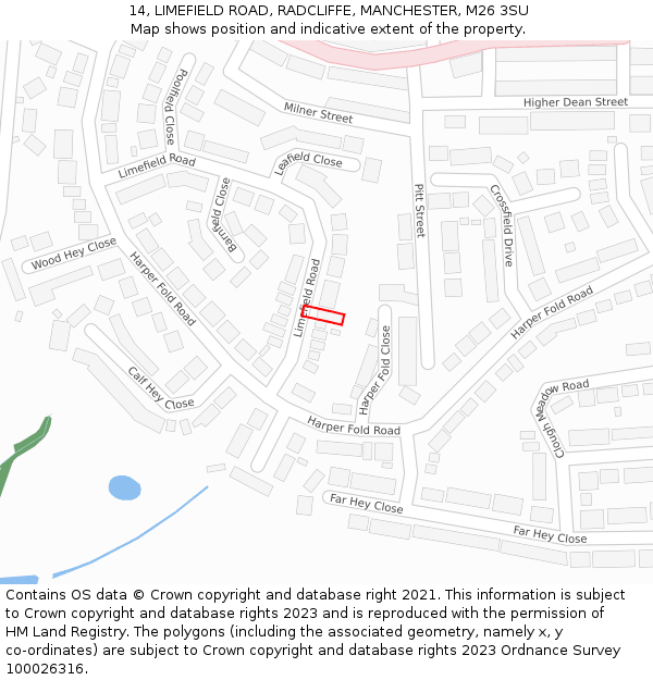 14, LIMEFIELD ROAD, RADCLIFFE, MANCHESTER, M26 3SU: Location map and indicative extent of plot