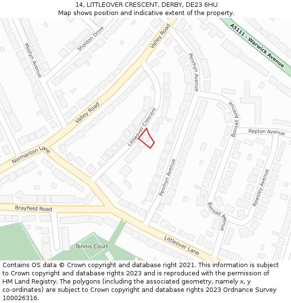 14, LITTLEOVER CRESCENT, DERBY, DE23 6HU: Location map and indicative extent of plot