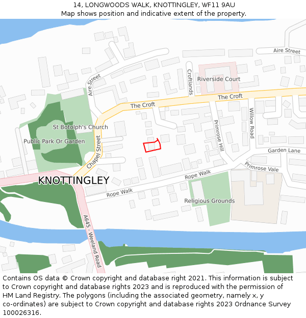 14, LONGWOODS WALK, KNOTTINGLEY, WF11 9AU: Location map and indicative extent of plot