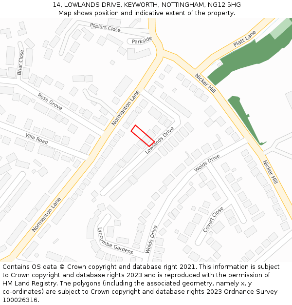 14, LOWLANDS DRIVE, KEYWORTH, NOTTINGHAM, NG12 5HG: Location map and indicative extent of plot