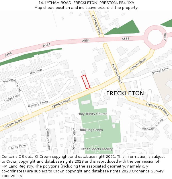 14, LYTHAM ROAD, FRECKLETON, PRESTON, PR4 1XA: Location map and indicative extent of plot