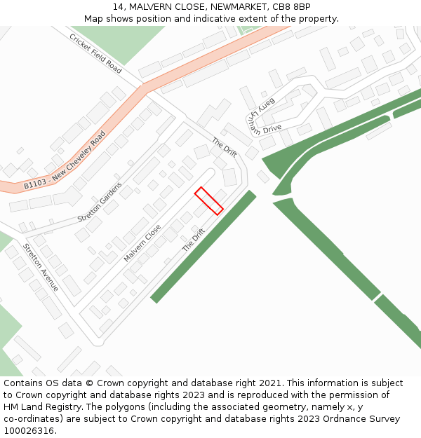 14, MALVERN CLOSE, NEWMARKET, CB8 8BP: Location map and indicative extent of plot