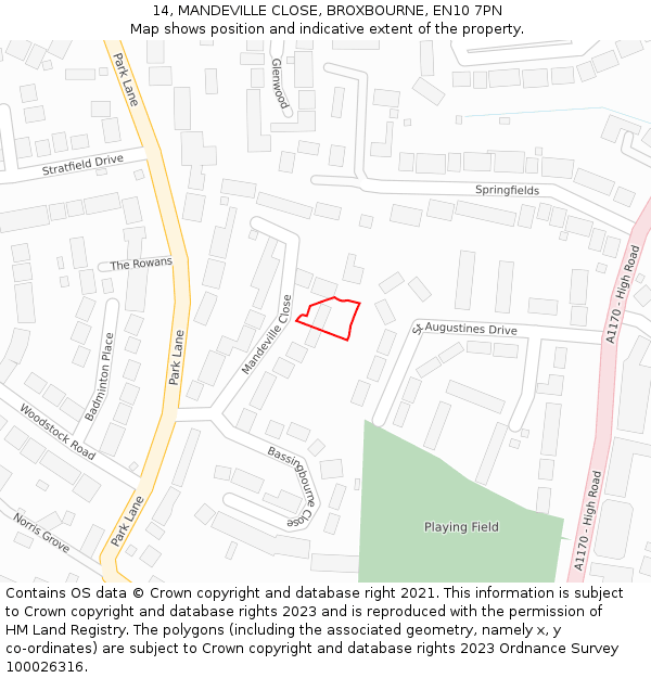 14, MANDEVILLE CLOSE, BROXBOURNE, EN10 7PN: Location map and indicative extent of plot