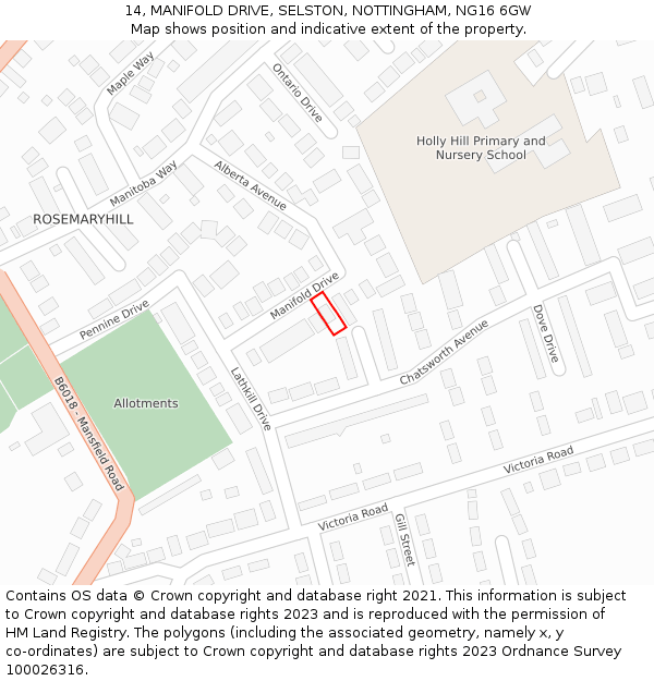 14, MANIFOLD DRIVE, SELSTON, NOTTINGHAM, NG16 6GW: Location map and indicative extent of plot