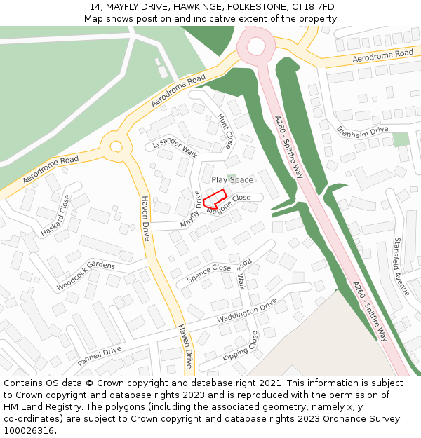 14, MAYFLY DRIVE, HAWKINGE, FOLKESTONE, CT18 7FD: Location map and indicative extent of plot