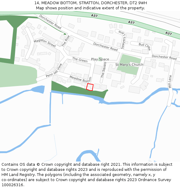 14, MEADOW BOTTOM, STRATTON, DORCHESTER, DT2 9WH: Location map and indicative extent of plot