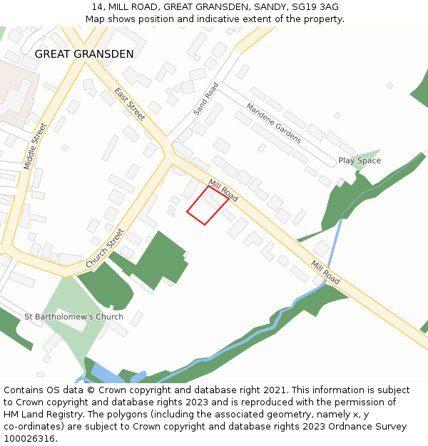 14, MILL ROAD, GREAT GRANSDEN, SANDY, SG19 3AG: Location map and indicative extent of plot