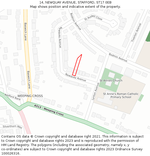 14, NEWQUAY AVENUE, STAFFORD, ST17 0EB: Location map and indicative extent of plot