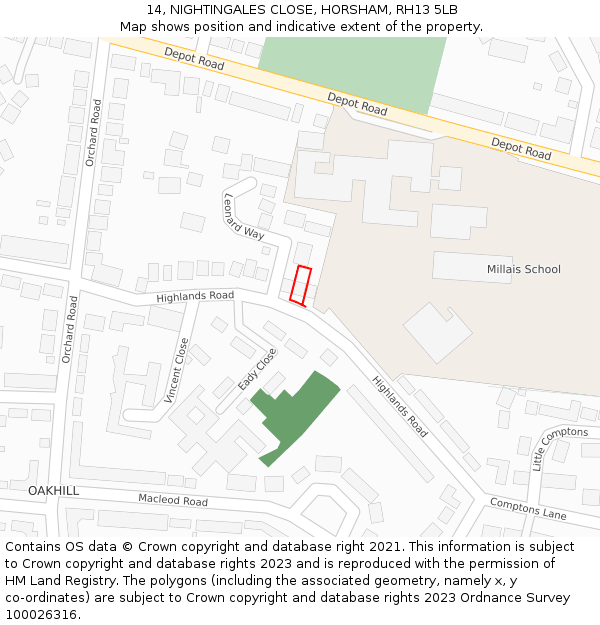 14, NIGHTINGALES CLOSE, HORSHAM, RH13 5LB: Location map and indicative extent of plot