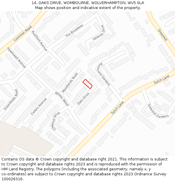 14, OAKS DRIVE, WOMBOURNE, WOLVERHAMPTON, WV5 0LA: Location map and indicative extent of plot