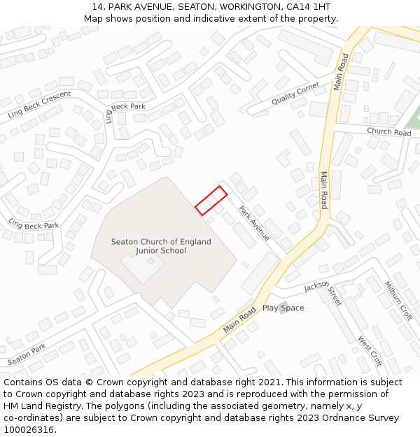 14, PARK AVENUE, SEATON, WORKINGTON, CA14 1HT: Location map and indicative extent of plot