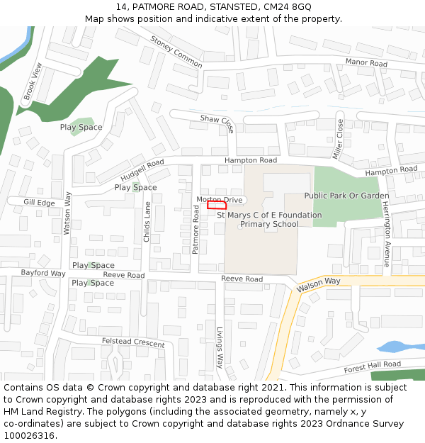 14, PATMORE ROAD, STANSTED, CM24 8GQ: Location map and indicative extent of plot