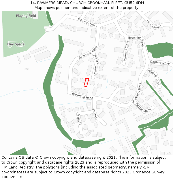 14, PAWMERS MEAD, CHURCH CROOKHAM, FLEET, GU52 6DN: Location map and indicative extent of plot