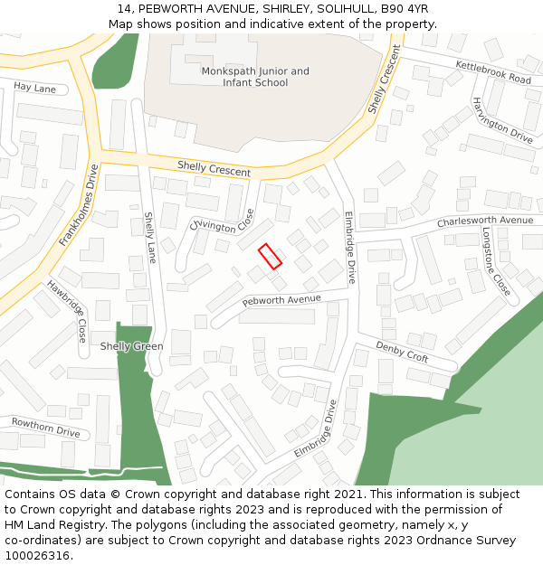 14, PEBWORTH AVENUE, SHIRLEY, SOLIHULL, B90 4YR: Location map and indicative extent of plot