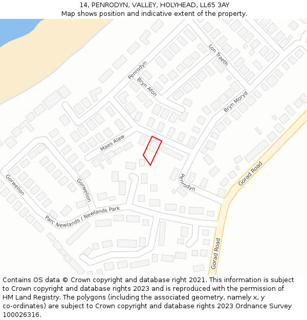 14, PENRODYN, VALLEY, HOLYHEAD, LL65 3AY: Location map and indicative extent of plot