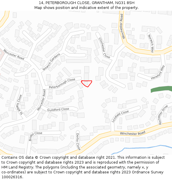 14, PETERBOROUGH CLOSE, GRANTHAM, NG31 8SH: Location map and indicative extent of plot