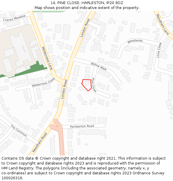 14, PINE CLOSE, HARLESTON, IP20 9DZ: Location map and indicative extent of plot