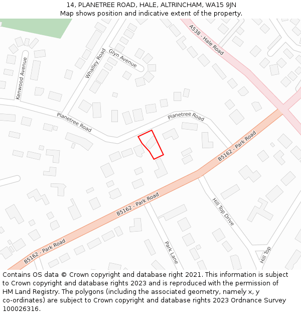 14, PLANETREE ROAD, HALE, ALTRINCHAM, WA15 9JN: Location map and indicative extent of plot