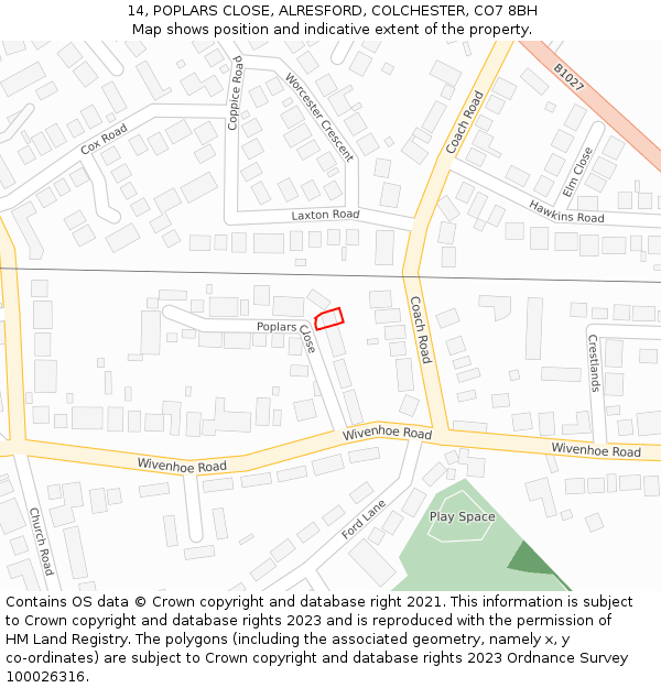 14, POPLARS CLOSE, ALRESFORD, COLCHESTER, CO7 8BH: Location map and indicative extent of plot