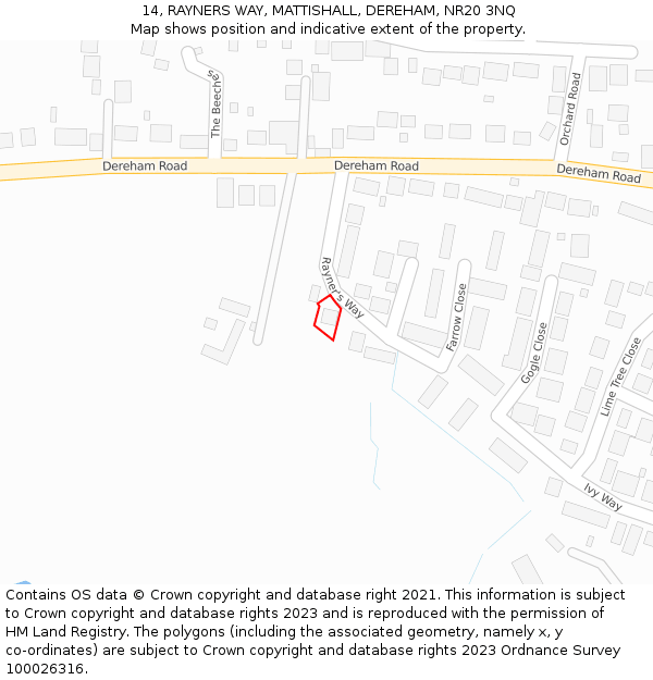 14, RAYNERS WAY, MATTISHALL, DEREHAM, NR20 3NQ: Location map and indicative extent of plot