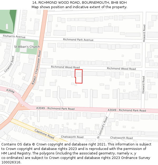 14, RICHMOND WOOD ROAD, BOURNEMOUTH, BH8 9DH: Location map and indicative extent of plot