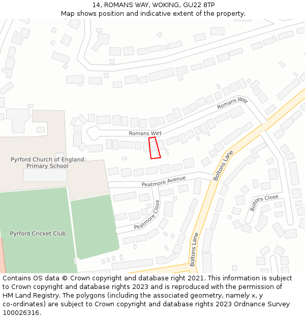 14, ROMANS WAY, WOKING, GU22 8TP: Location map and indicative extent of plot