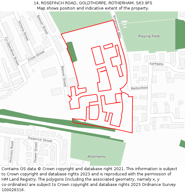 14, ROSEFINCH ROAD, GOLDTHORPE, ROTHERHAM, S63 9FS: Location map and indicative extent of plot