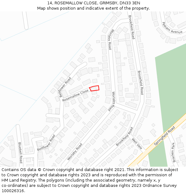 14, ROSEMALLOW CLOSE, GRIMSBY, DN33 3EN: Location map and indicative extent of plot