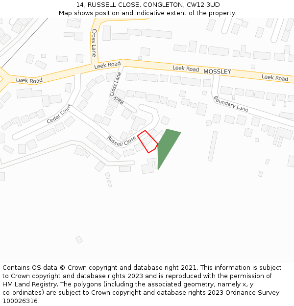 14, RUSSELL CLOSE, CONGLETON, CW12 3UD: Location map and indicative extent of plot