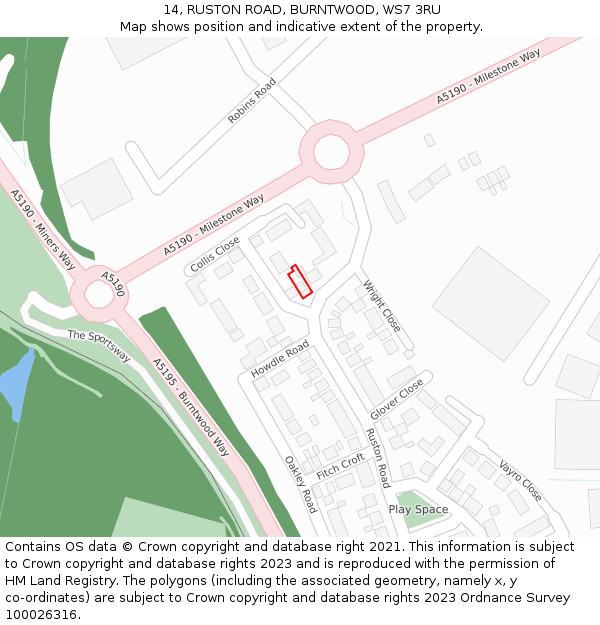 14, RUSTON ROAD, BURNTWOOD, WS7 3RU: Location map and indicative extent of plot