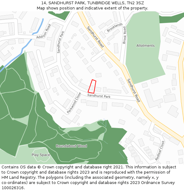 14, SANDHURST PARK, TUNBRIDGE WELLS, TN2 3SZ: Location map and indicative extent of plot