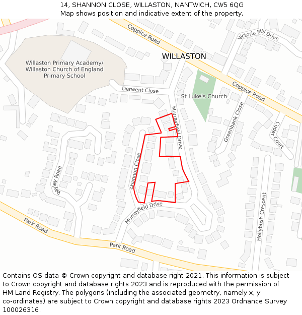 14, SHANNON CLOSE, WILLASTON, NANTWICH, CW5 6QG: Location map and indicative extent of plot