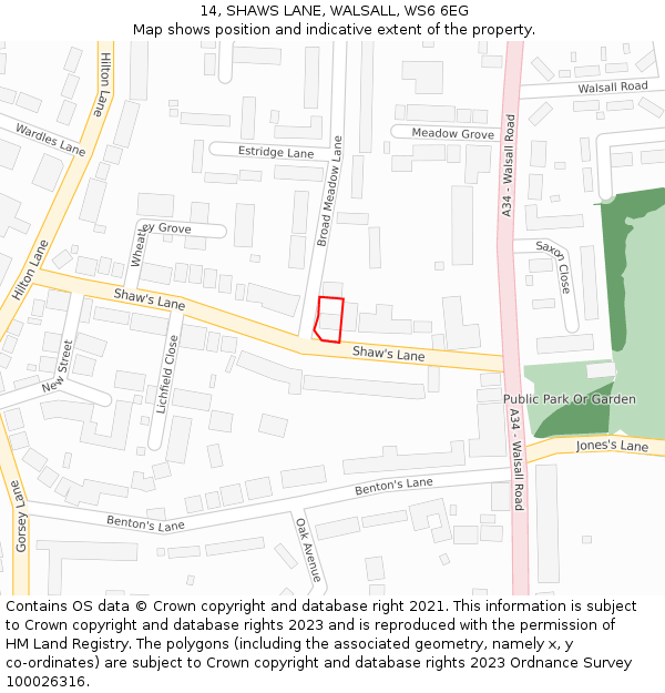 14, SHAWS LANE, WALSALL, WS6 6EG: Location map and indicative extent of plot