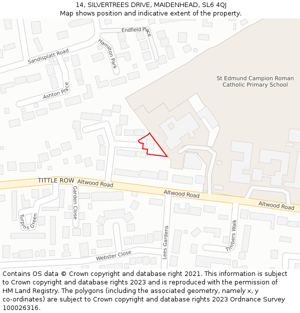 14, SILVERTREES DRIVE, MAIDENHEAD, SL6 4QJ: Location map and indicative extent of plot