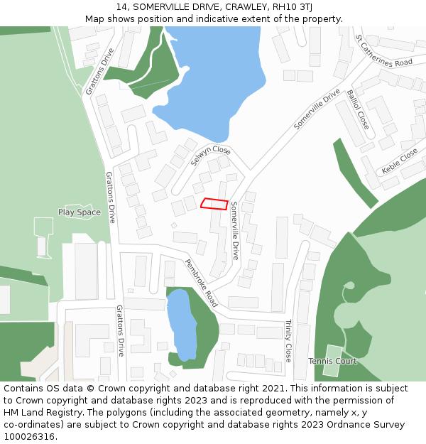 14, SOMERVILLE DRIVE, CRAWLEY, RH10 3TJ: Location map and indicative extent of plot