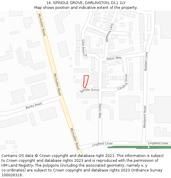 14, SPINDLE GROVE, DARLINGTON, DL1 1LY: Location map and indicative extent of plot