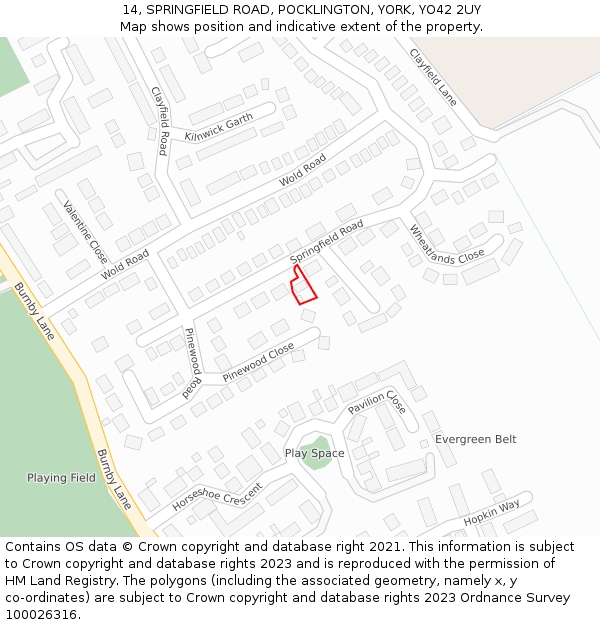 14, SPRINGFIELD ROAD, POCKLINGTON, YORK, YO42 2UY: Location map and indicative extent of plot