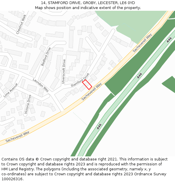 14, STAMFORD DRIVE, GROBY, LEICESTER, LE6 0YD: Location map and indicative extent of plot