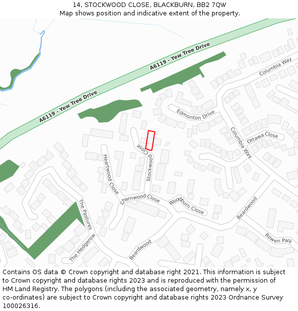 14, STOCKWOOD CLOSE, BLACKBURN, BB2 7QW: Location map and indicative extent of plot