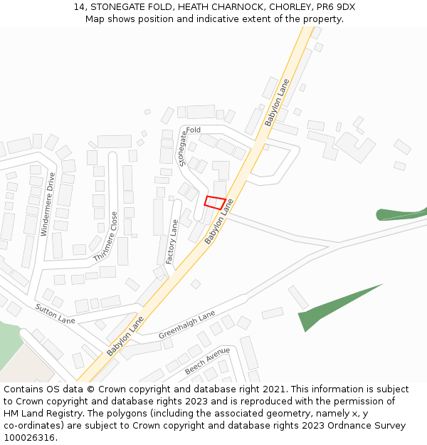 14, STONEGATE FOLD, HEATH CHARNOCK, CHORLEY, PR6 9DX: Location map and indicative extent of plot