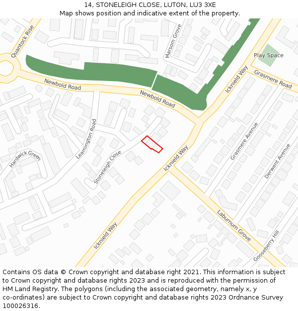 14, STONELEIGH CLOSE, LUTON, LU3 3XE: Location map and indicative extent of plot