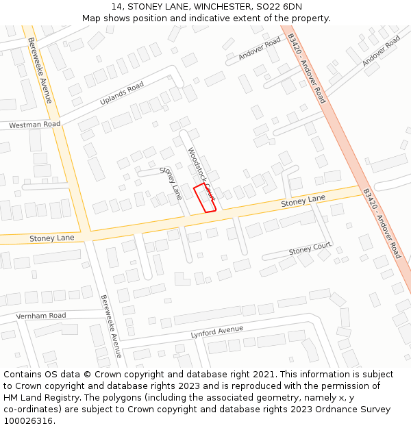 14, STONEY LANE, WINCHESTER, SO22 6DN: Location map and indicative extent of plot