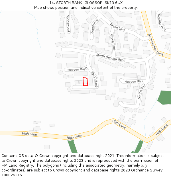 14, STORTH BANK, GLOSSOP, SK13 6UX: Location map and indicative extent of plot