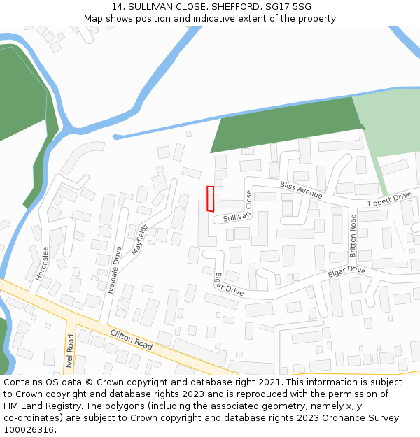 14, SULLIVAN CLOSE, SHEFFORD, SG17 5SG: Location map and indicative extent of plot