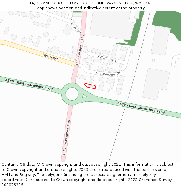 14, SUMMERCROFT CLOSE, GOLBORNE, WARRINGTON, WA3 3WL: Location map and indicative extent of plot