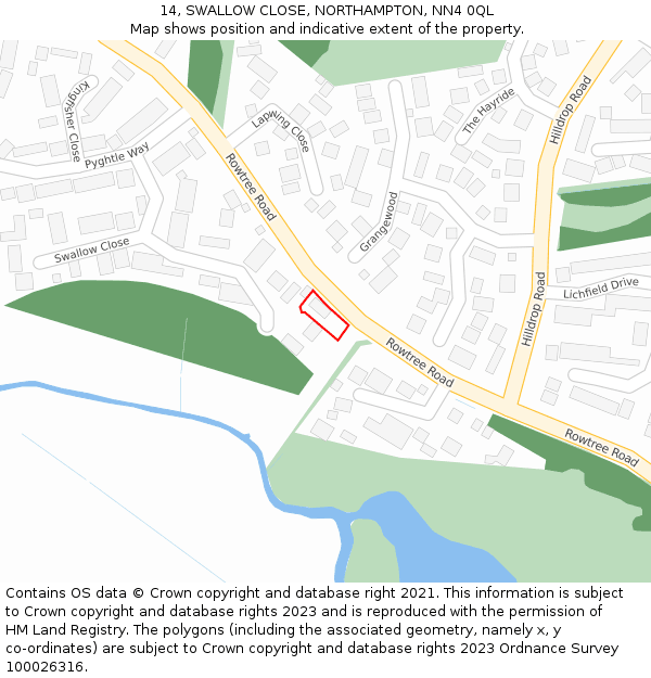 14, SWALLOW CLOSE, NORTHAMPTON, NN4 0QL: Location map and indicative extent of plot